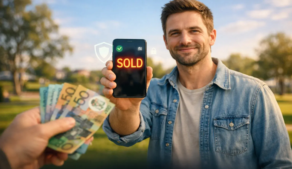 Modern smartphones and tablet on a wooden desk near a window with warm sunset city skyline background, representing mobile phone resale value and trade-in concept.