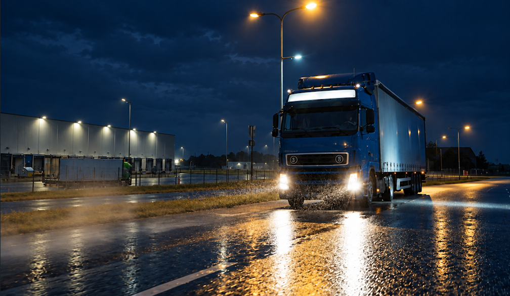 Rainy Night Blue Truck on Industrial Road