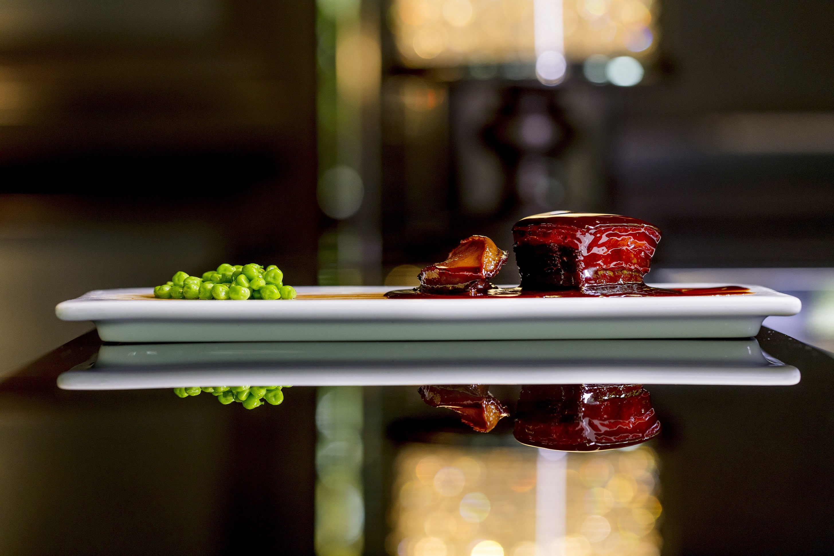 Shanghainese Braised Pork Belly and Abalone in Sweet Soy Sauce, Peas^