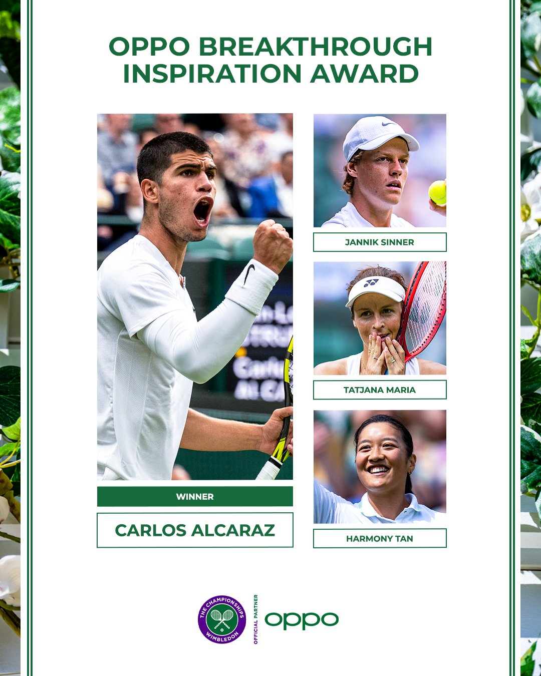 The winner of the OPPO Breakthrough Inspiration Award at Wimbledon 2022– Carlos Alcaraz