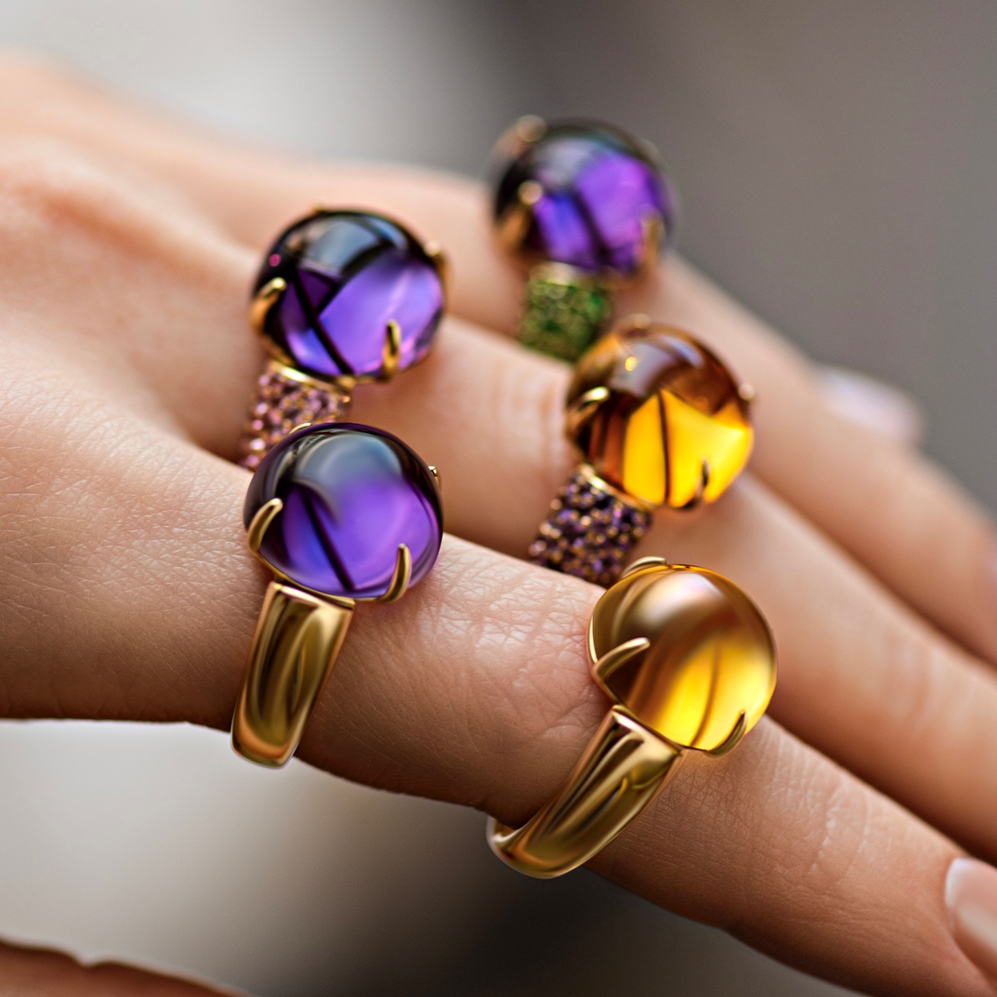 Amethyst & Citrine 18K gold rings, plain gold or with pink Sapphires & Peridots