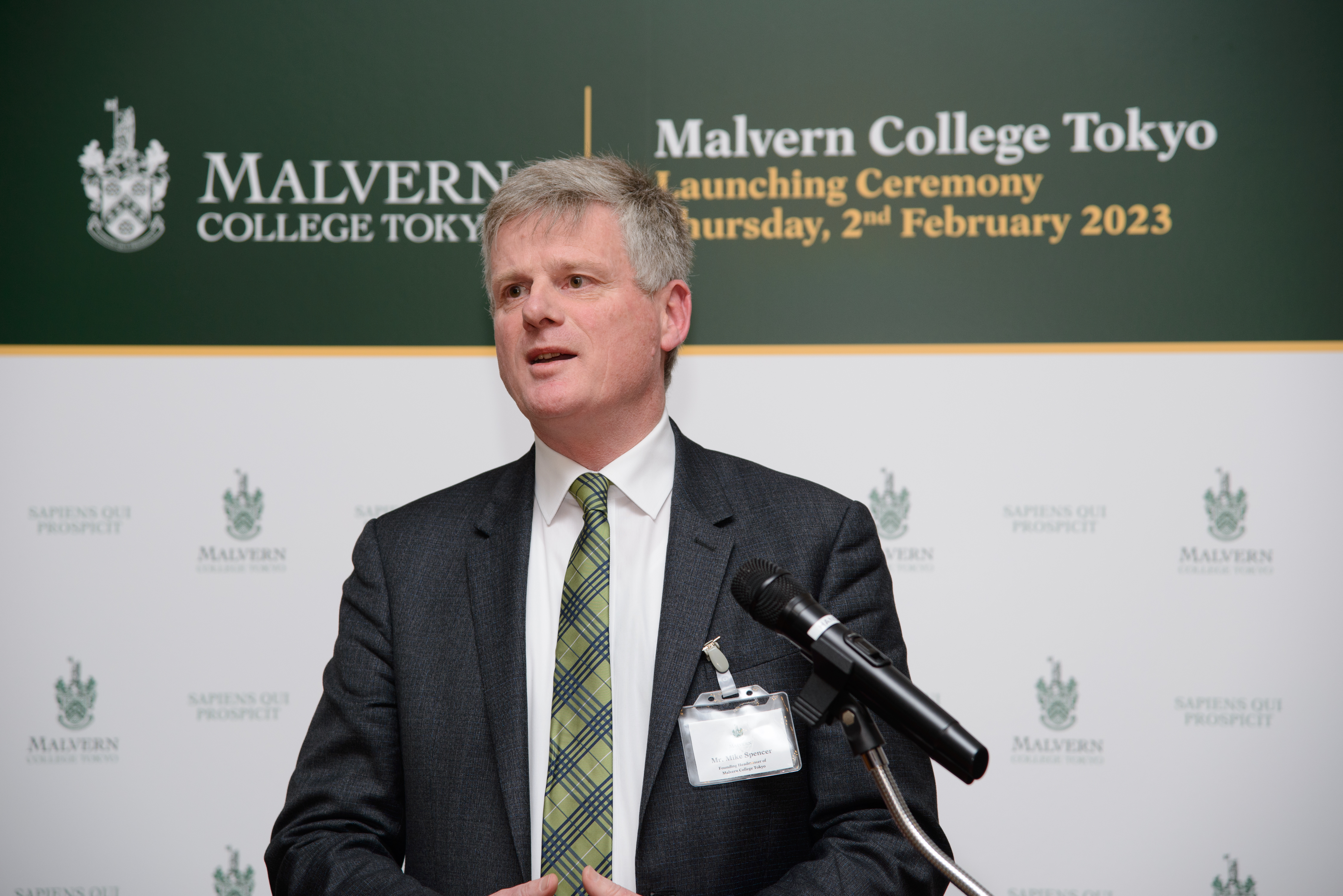 Mr. Mike Spencer Founding Headmaster of Malvern College Tokyo delivering his welcome speech in the launch ceremony