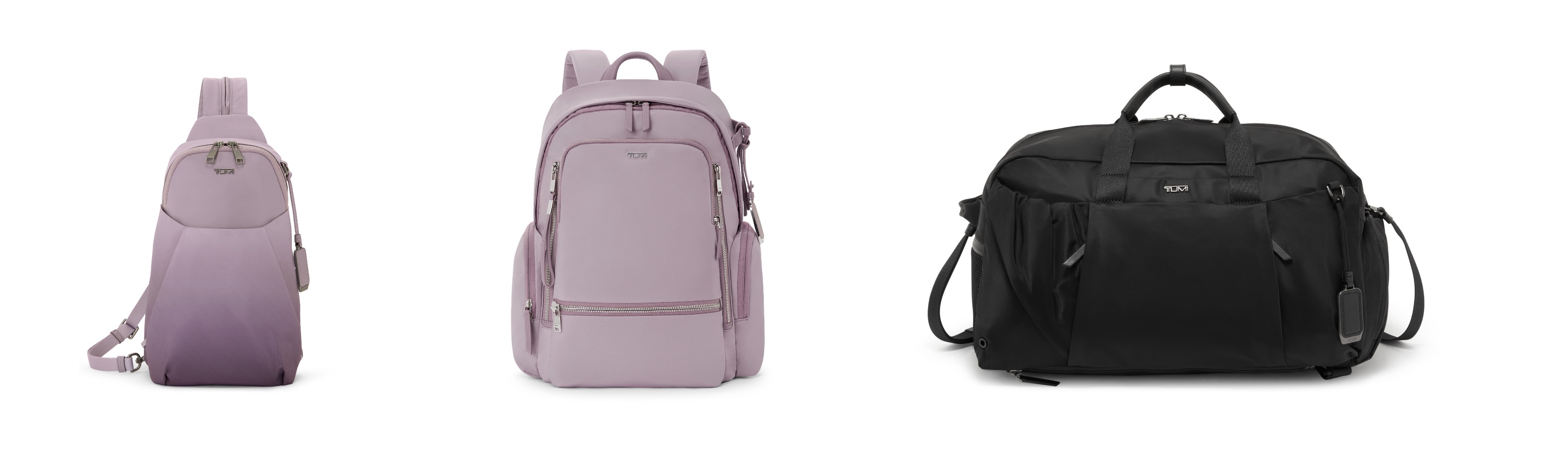 L to R: TUMI Voyageur Kileen Convertible Sling in Lilac Ombre TUMI Voyageur Celina Backpack in Lilac TUMI Voyageur Malta Duffel/Backpack in Black Gunmetal
