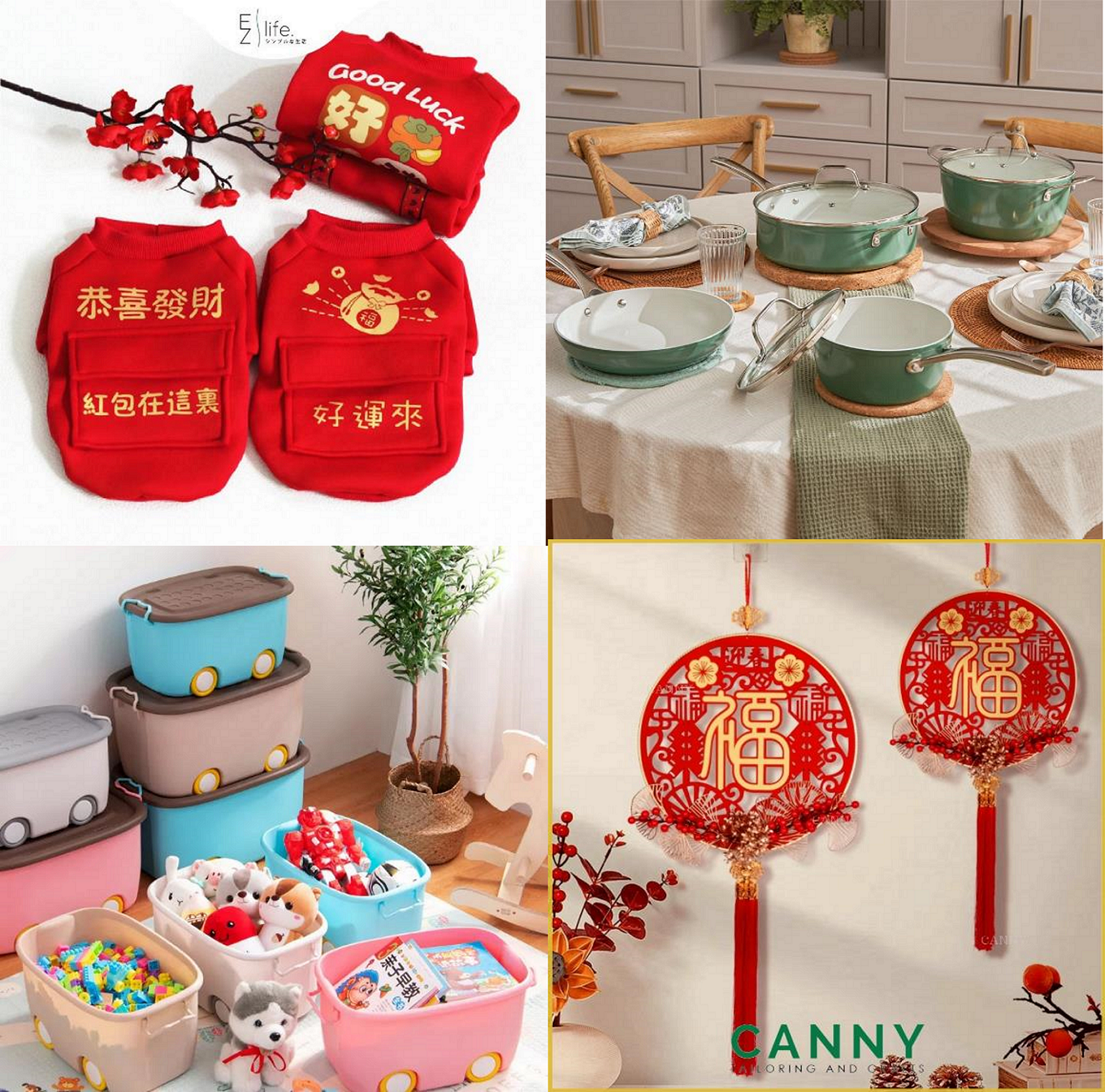 (Clockwise from top left) Ezlife Pet Chinese New Year Costumes; Cosmic Cookware 7-piece Cosmo Set; Canny TC Chinese New Year Decorations; ILOVEHOME Toy Storage Box with Wheels