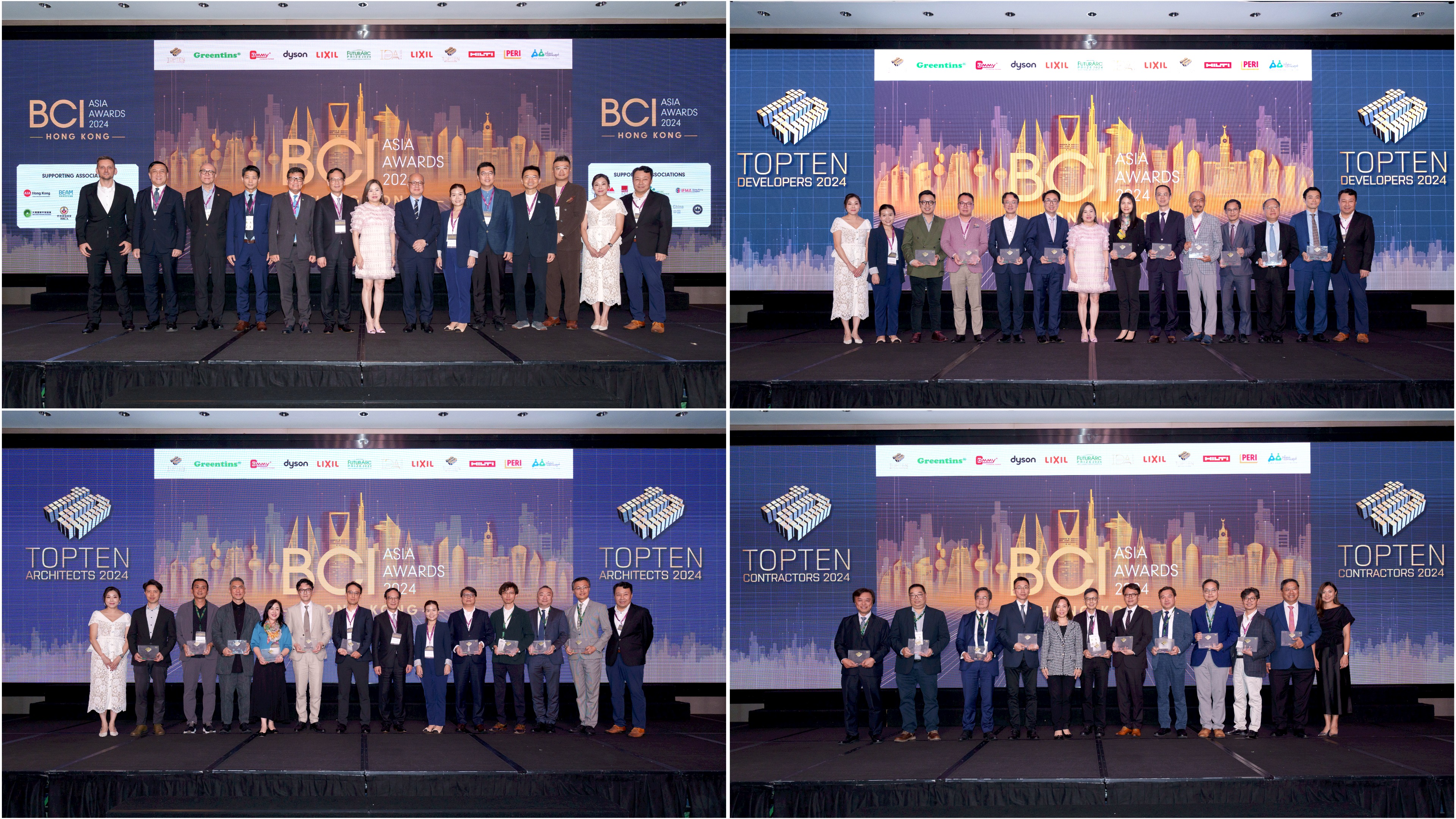 Top left: Guests of Honour at BCI Asia Awards ceremony, Top Right: BCI ASIA TOP 10 DEVELOPERS 2024, Bottom left: BCI ASIA TOP 10 ARCHITECTS 2024, Bottom Right: BCI ASIA TOP 10 CONTRACTORS 2024