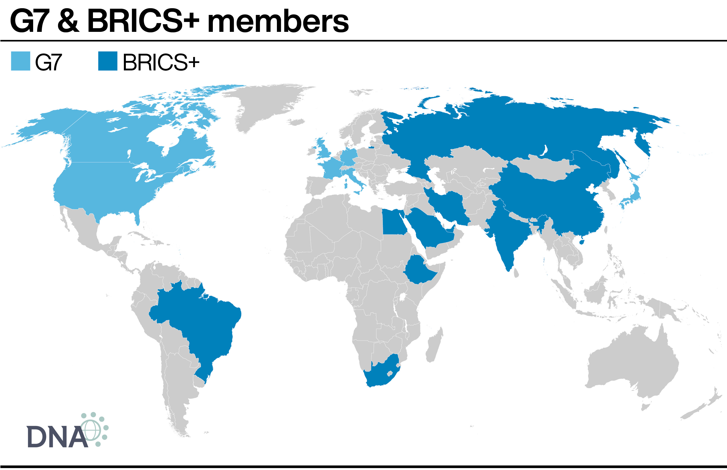 A potential counterpoint to the G7 (shown here in light blue): Ten countries now form the group of countries that is informally known as BRICS+ (shown here in darker blue) Graphic by PA Media for DNA