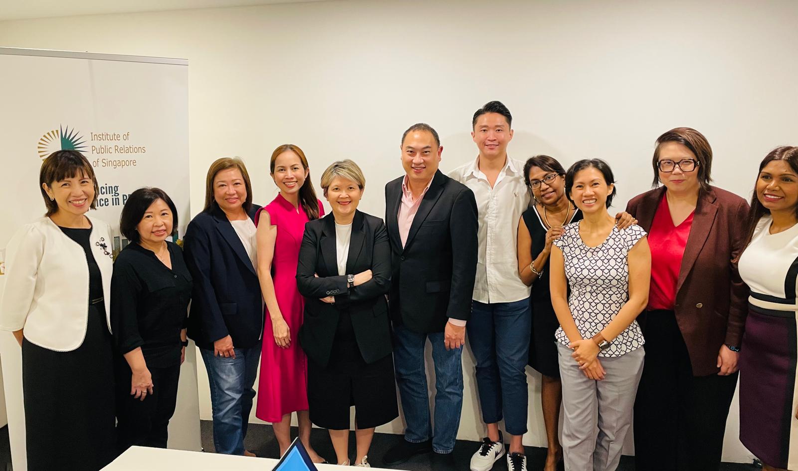 Members of the Institute of Public Relations of Singapore Council 2025/27. Left to right: Serene Loo, Felicia Wee, Vanessa Wan, Cindy Lee, Koh Juat Muay, President Ross Gan (centre), Selvi R, Juliet Samraj, Jeanie Lee and Jini Pillai.