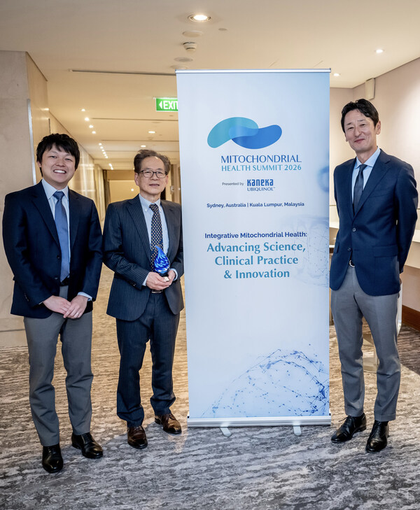 Dr Kazunori Hosoe PhD, awarded ‘Lifetime Scientific Excellence in Ubiquinol Research’ on the eve of the Inaugural Mitochondrial Health Summit 2026 in Sydney, Australia (left to right): Kazuki Takita, Assistant Manager, Marketing and Sales (APAC), Kaneka Ubiquinol™; Dr Kazunori Hosoe PhD, Chief Scientist, Kaneka Ubiquinol™; Tsuyoshi Takakuwa, Head of Marketing and Sales Team (APAC), Supplemental Nutrition Business Division, Kaneka Corporation  (Photo Credits: Nicole Anderson)