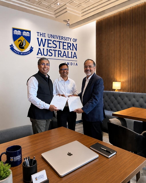 L–R: David Das, Chief Operating Officer, The University of Western Australia – India Operations; Sebi PK, Finance Head, SRM Technologies; and Kannan Natarajan, Global Head - EdTech & Public Sector Business, SRM Technologies; formalizing the partnership.