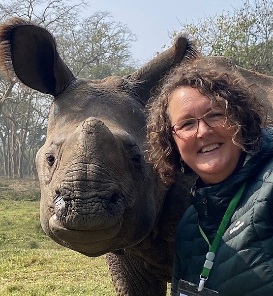Professor Wendy Wright takes a selfie with an orphaned one-horned rhinoceros at Chitwan National Park, Nepal. Professor Wendy Wright takes a selfie with an orphaned one-horned rhinoceros at Chitwan National Park, Nepal.