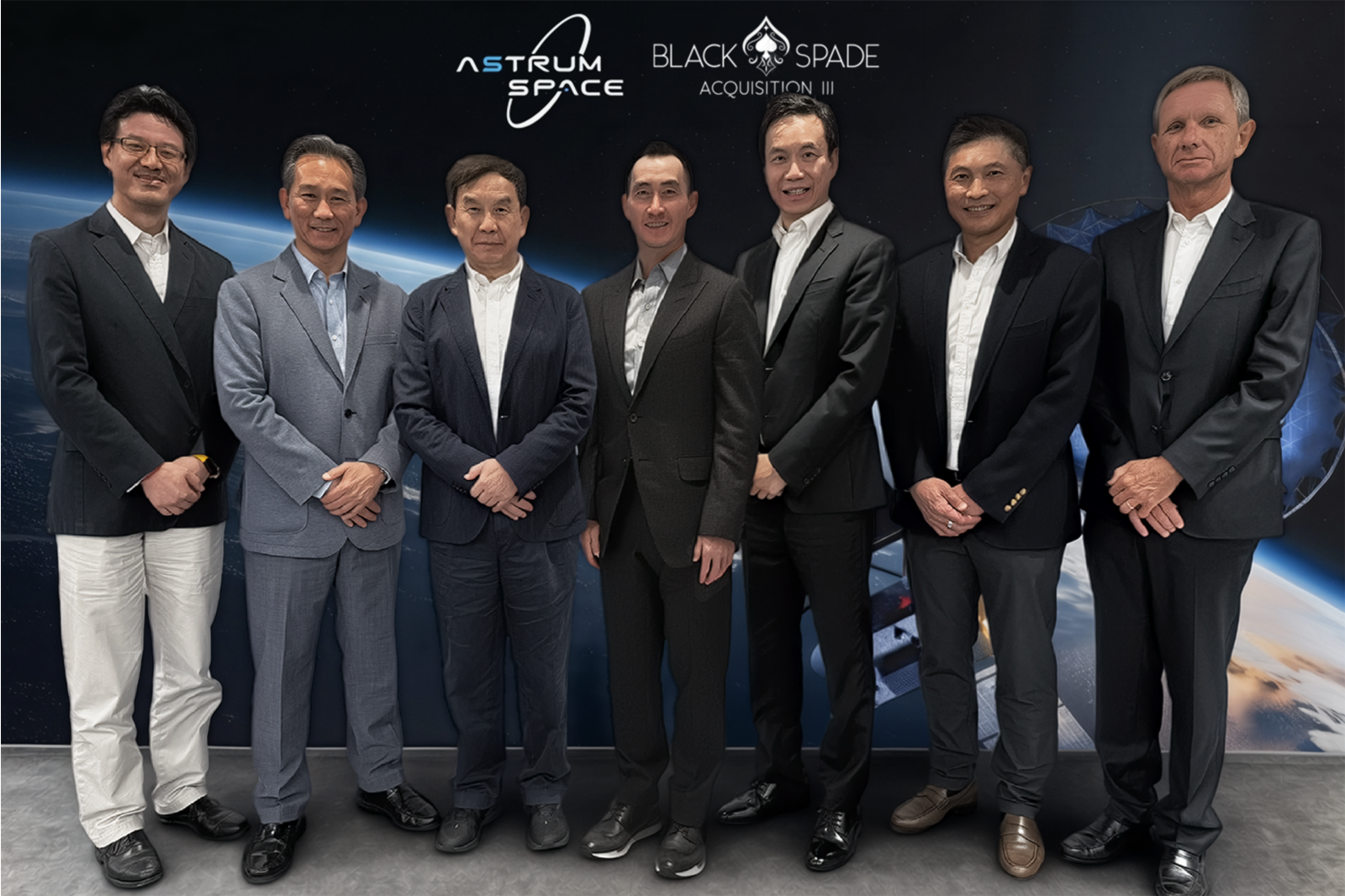 From the left: Mr. Jonathan Wang, CFO of Astrum, Mr. Michael Do, President and CEO of Astrum, Mr. Zhou Qingzhi, founder of Astrum, Mr. Lawrence Ho, founder of Black Spade Capital, Mr. Dennis Tam, Chairman and Co-CEO of Black Spade Acquisition III Co, Mr. Kester Ng, Co-CEO and CFO of Black Spade Acquisition III Co, Mr. Richard Taylor, Co-CEO and COO of Black Spade Acquisition III Co