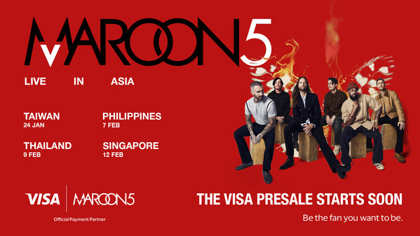 Promotional poster for the Maroon 5 Asia 2027 Tour, supported by Visa