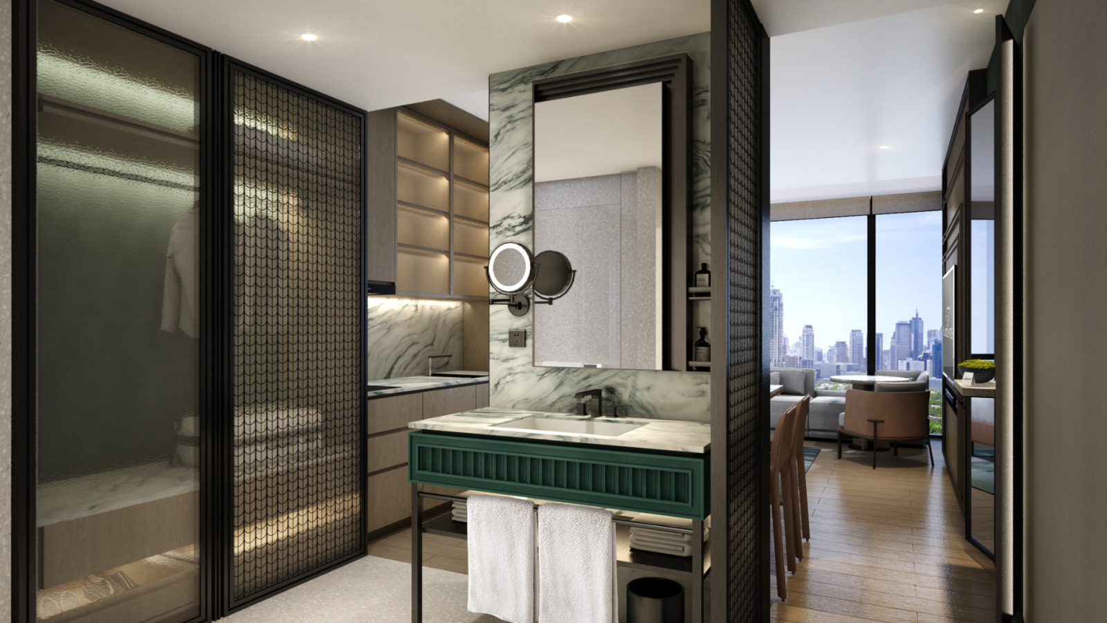 A guest room at Fraser Suites Reserve Bangkok, with views across the Bangkok skyline. (Rendering)