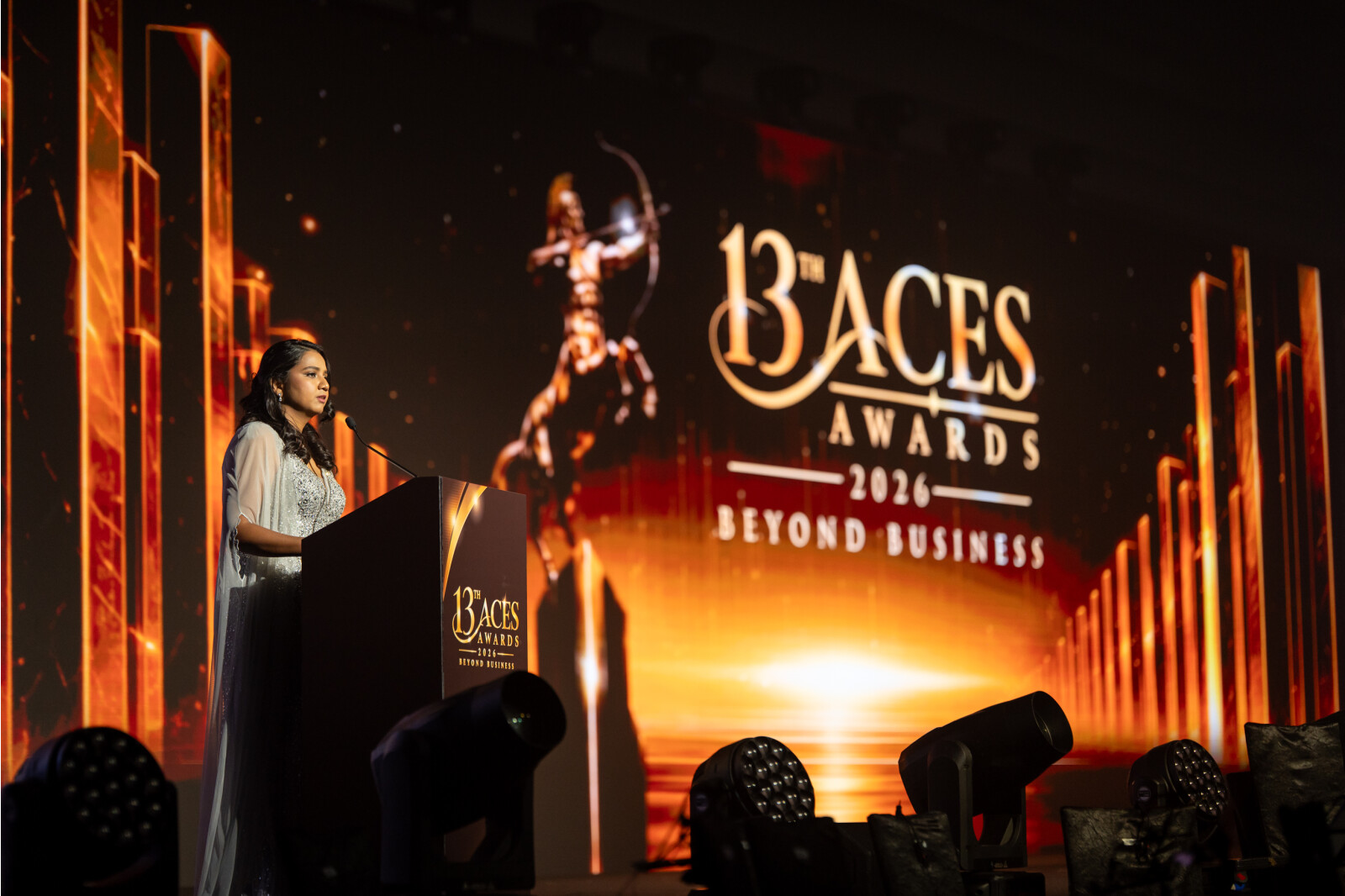 Dr Shanggari Balakrishnan, MORS Group CEO and ACES Awards President, delivers the opening address at ACES Awards 2026, where Malaysian leaders and organisations were honoured for leadership and excellence.