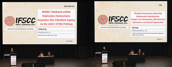 （left）Song Yaling delivered a podium presentation on mitochondrial anti-aging research at 2026 IFSCC Congress;（right）Feng Zhe delivered a podium presentation on mitochondria-related skin-whitening research at the 2026 IFSCC Congress