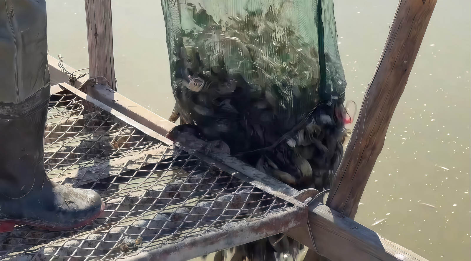 Freshly harvested seed crabs are being transferred to the overwintering ponds.