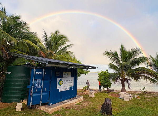 Bluemont solar-powered water desalination unit on the coast of a Tongan island